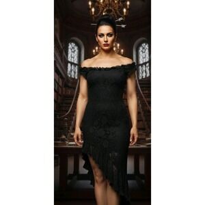 Women's Black Lace Dress Off The Shoulder Asymetrical Jersey Whimsigoth Fairy S